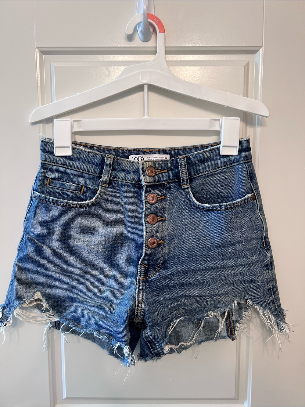 Zara Medium Blue Distressed Button-Front Denim Shorts
